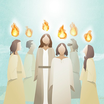 Illustration of disciples at Pentecost, with symbol of fire above their heads