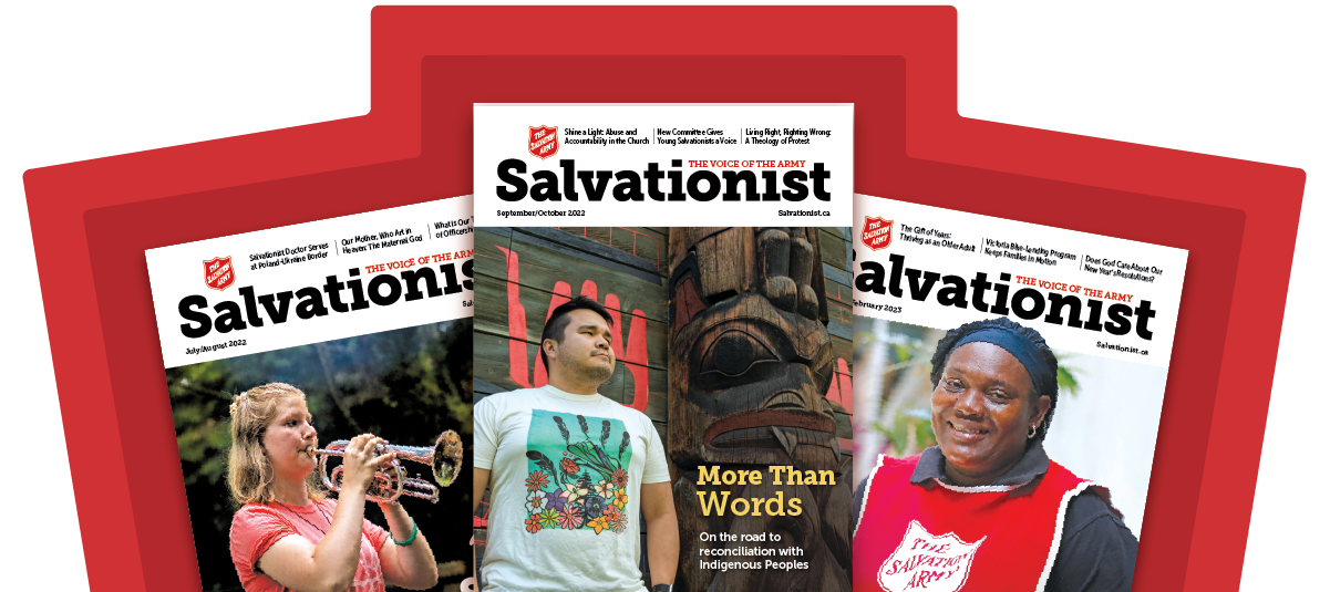 A graphic of three Salvationist Magazine covers spread out.